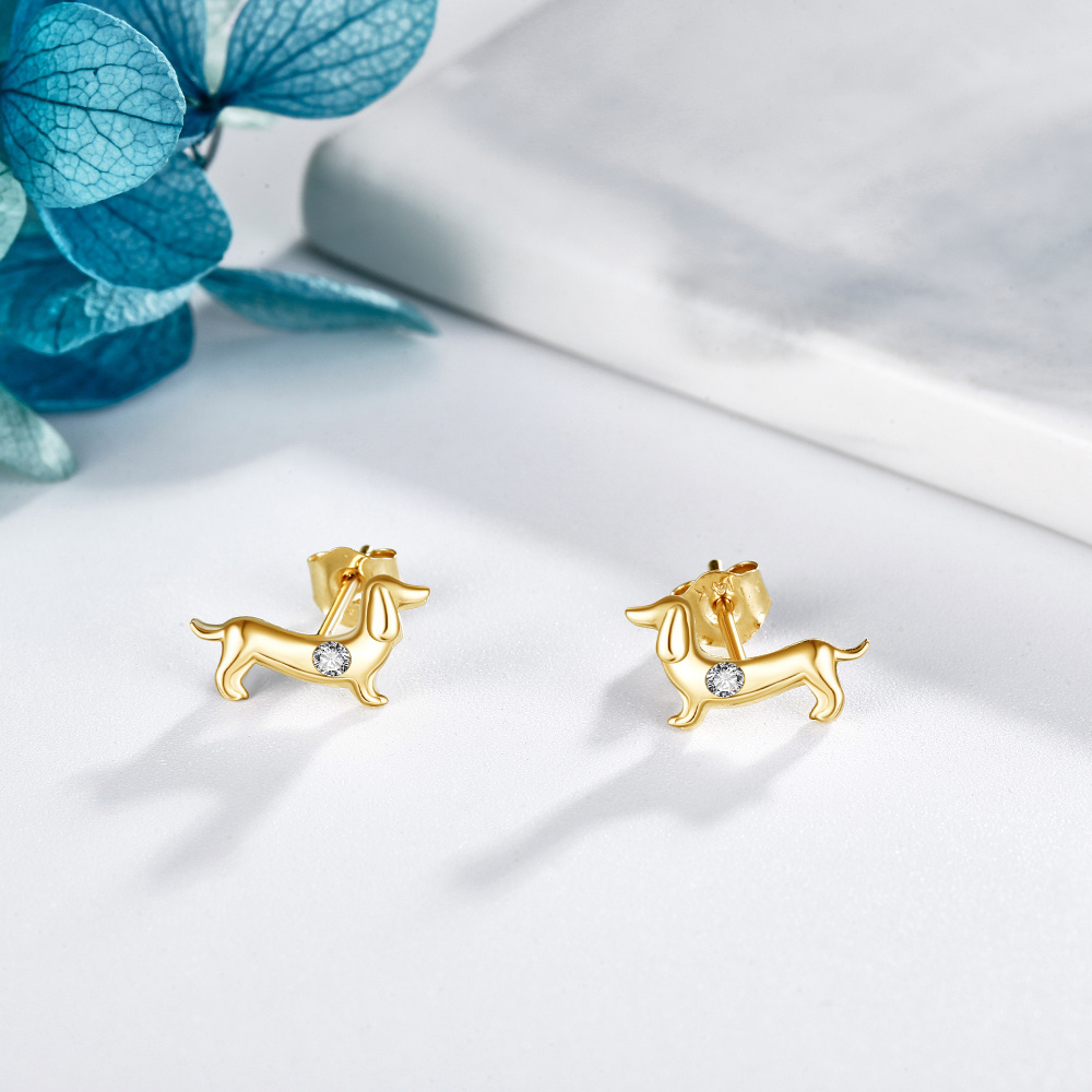 10K Gold Cubic Zirconia Dog Stud Earrings-4