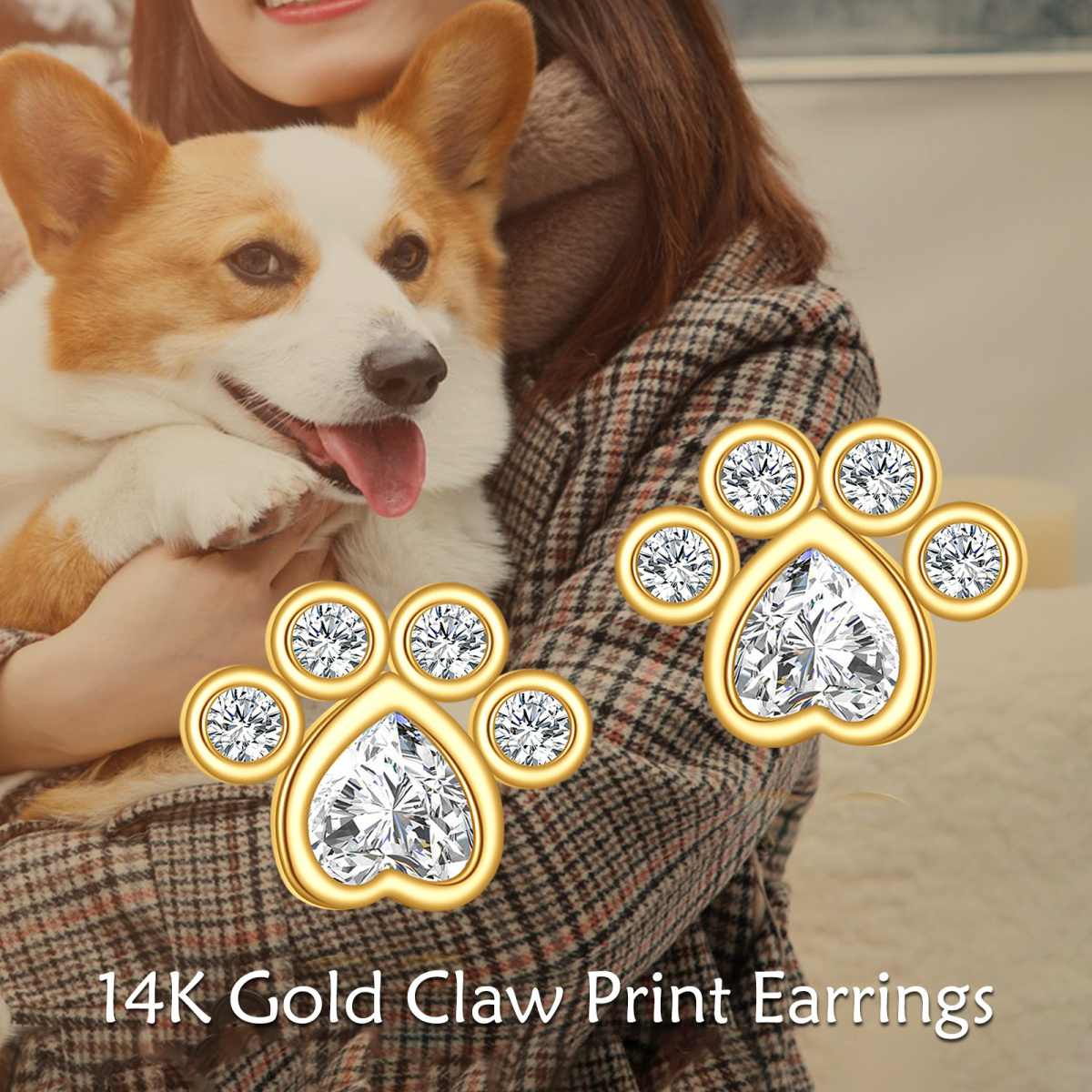 10K Gold Cubic Zirconia Dog Stud Earrings-6