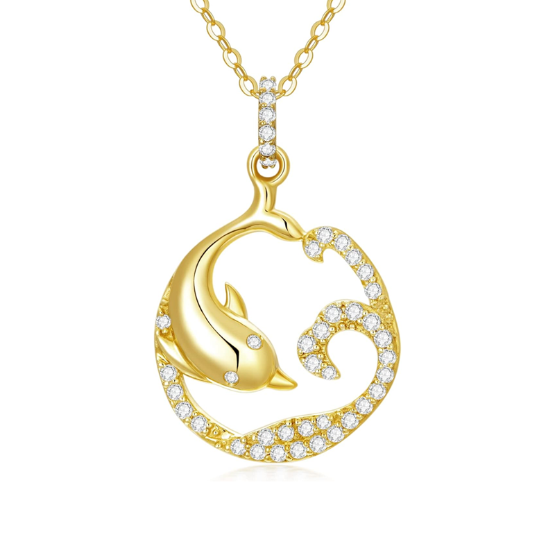 Gold Vermeil Cubic Zirconia Dolphin & Spray Necklace for Women-1