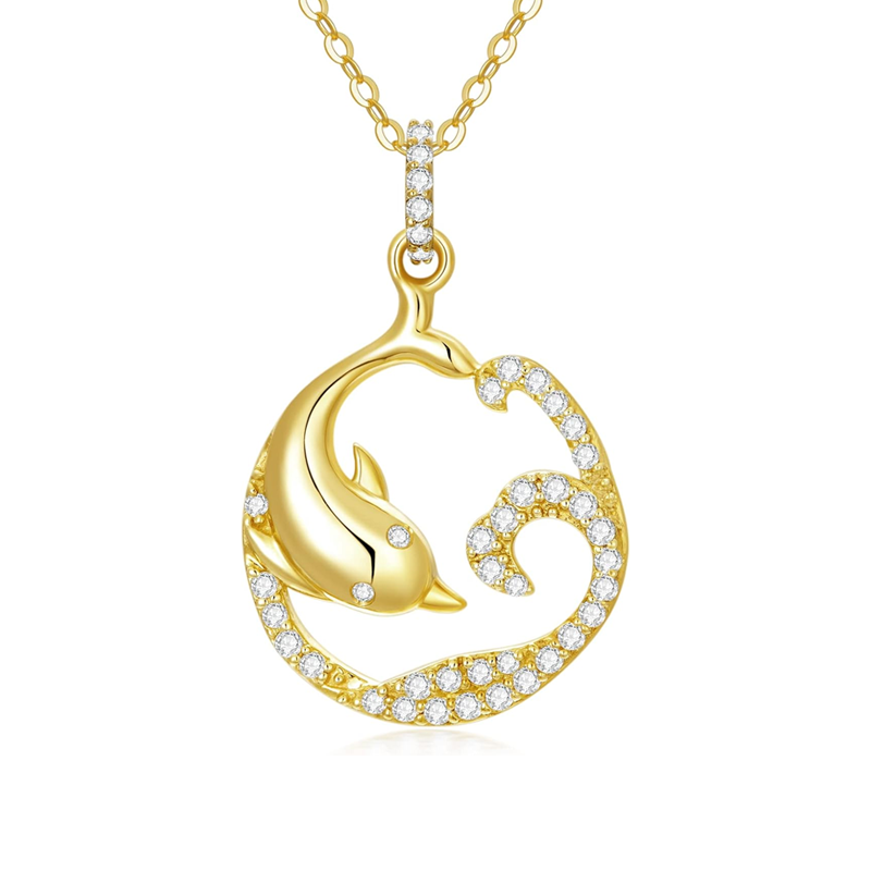 Gold Vermeil Cubic Zirconia Dolphin & Spray Necklace for Women-6