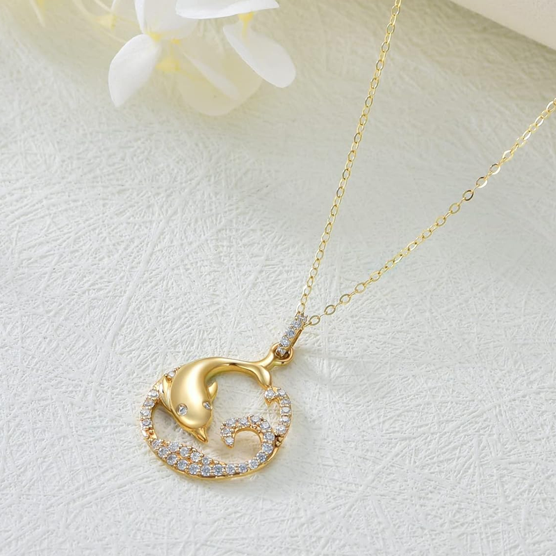 10K Gold Cubic Zirconia Dolphin & Spray Necklace for Women-3