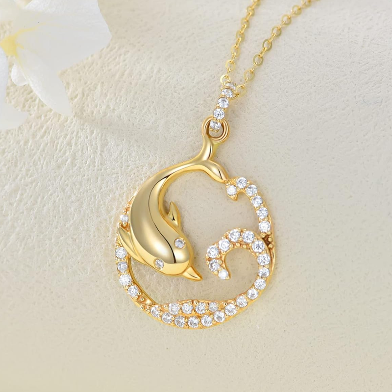 Gold Vermeil Cubic Zirconia Dolphin & Spray Necklace for Women-4