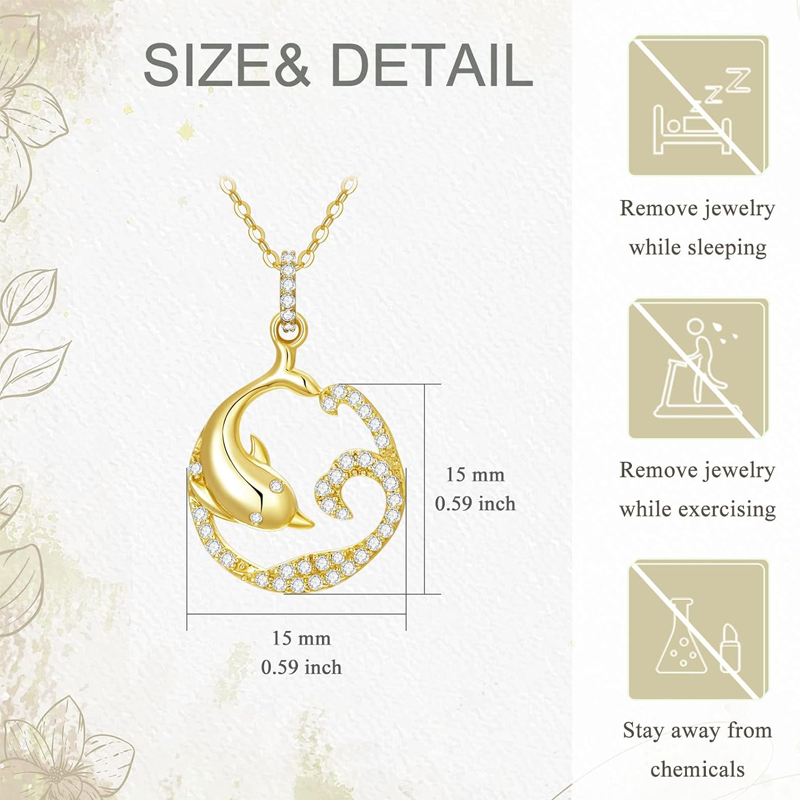 10K Gold Cubic Zirconia Dolphin & Spray Necklace for Women-5