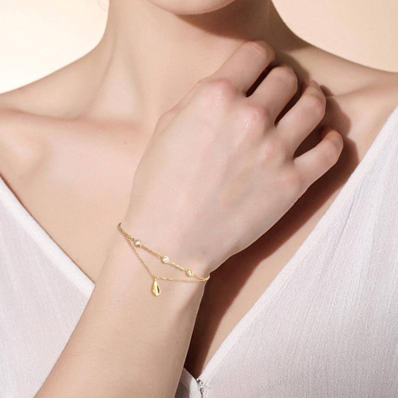 10K Gold Cubic Zirconia Drop Shape Charm Bracelet-2
