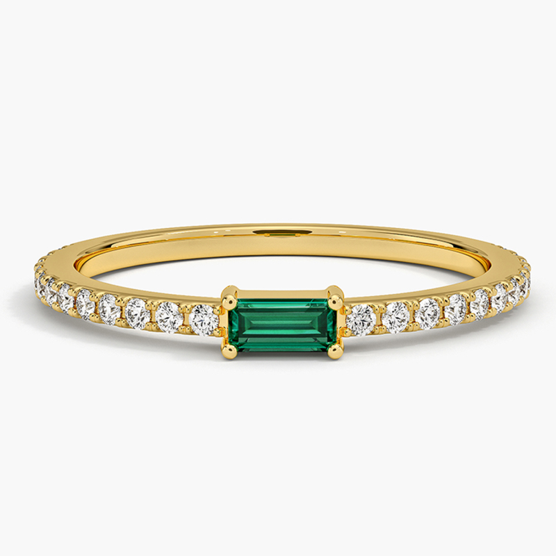 14K Gold Emerald Cut Emerald & Lab Created Diamond Wedding Band G/H Color SI Clarity-1