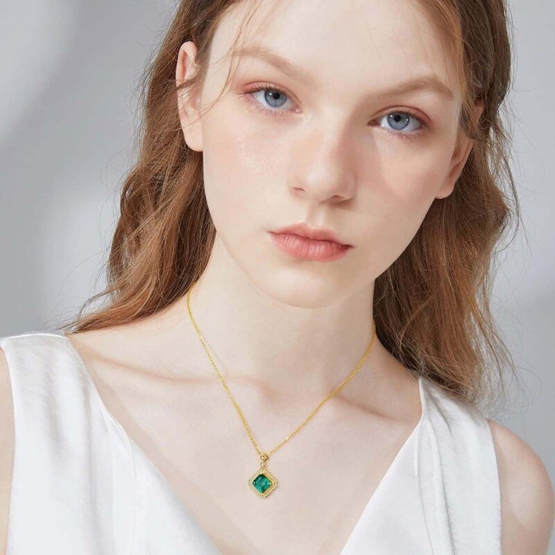 10K White Gold Emerald Couple & Square Pendant Necklace-2