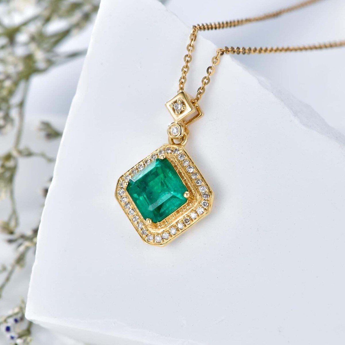 10K Gold Emerald Couple Square Necklace for Women Engagement Wedding Gift for Her-4