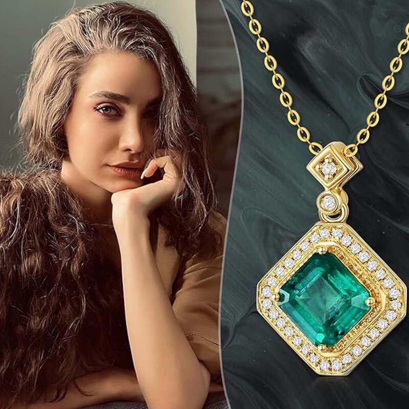 10K White Gold Emerald Couple & Square Pendant Necklace-6