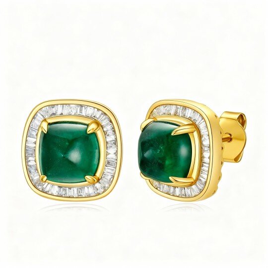 10K Gold Emerald Couple & Square Stud Earrings