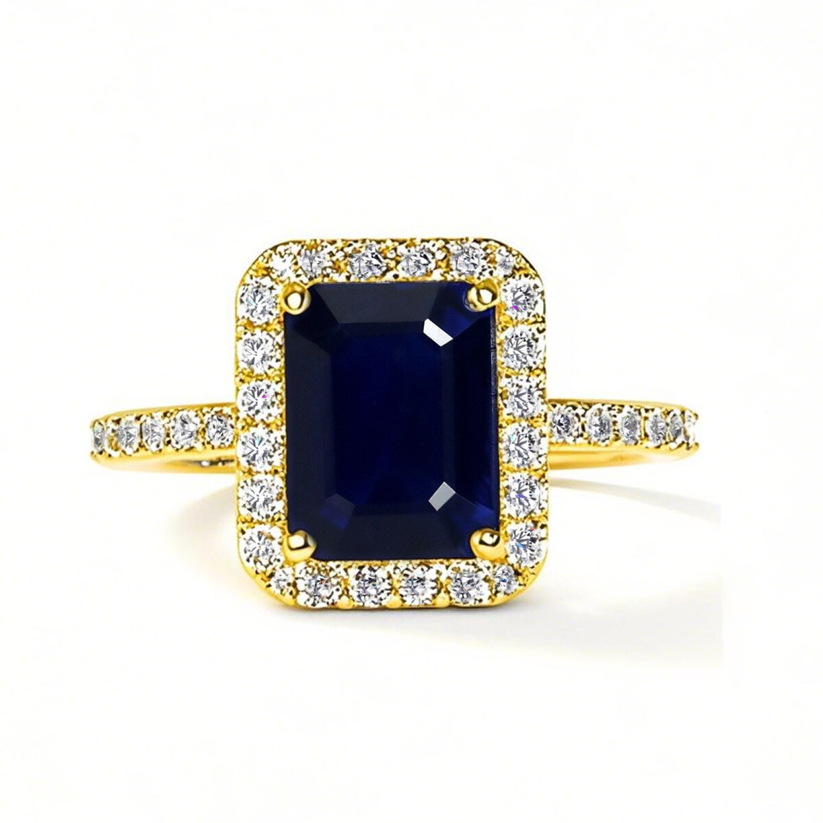 Anillo de compromiso personalizado de oro de 18 quilates con corte esmeralda y halo clásico engastado en garras-1