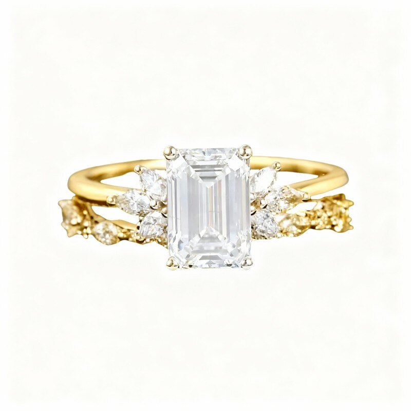 10K Gold Emerald Cut Moissanite Couple Bridal Set-1