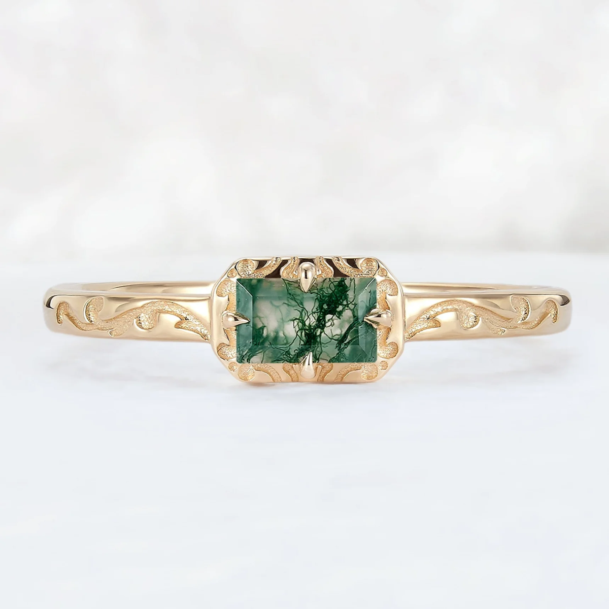 Sterling Silver with Yellow Gold Plated Emerald Cut Moss Agate Wedding Ring-1