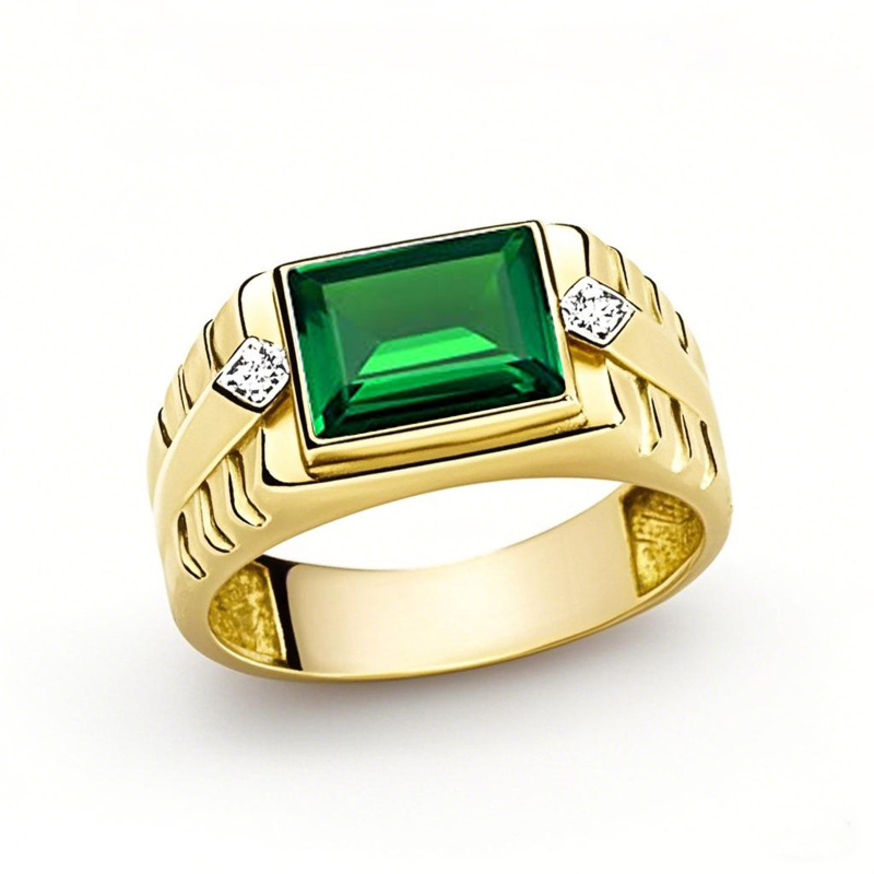 10-karätiger Goldring mit Smaragd und zwei Diamanten – ein edles Schmuckstück für Väter und Ehemänner.-1