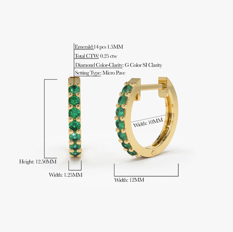 Brincos de argola redondos em ouro branco 10K com esmeralda sintética.-4