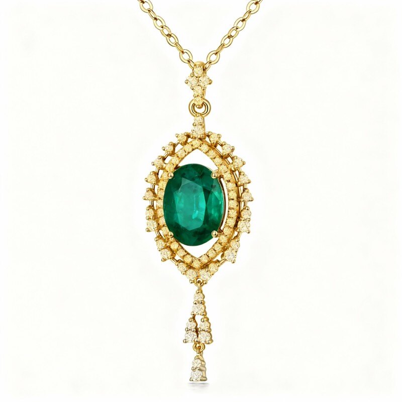 14K Gold Emerald Oval Shaped Pendant Necklace-1
