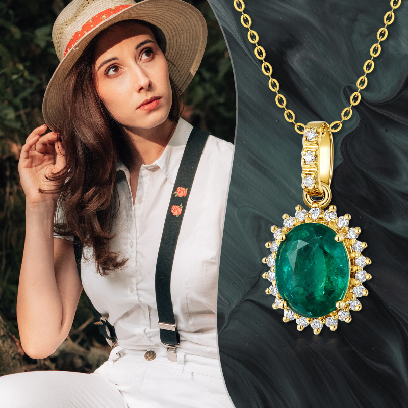 10K Gold Emerald Oval Shaped Pendant Necklace-2