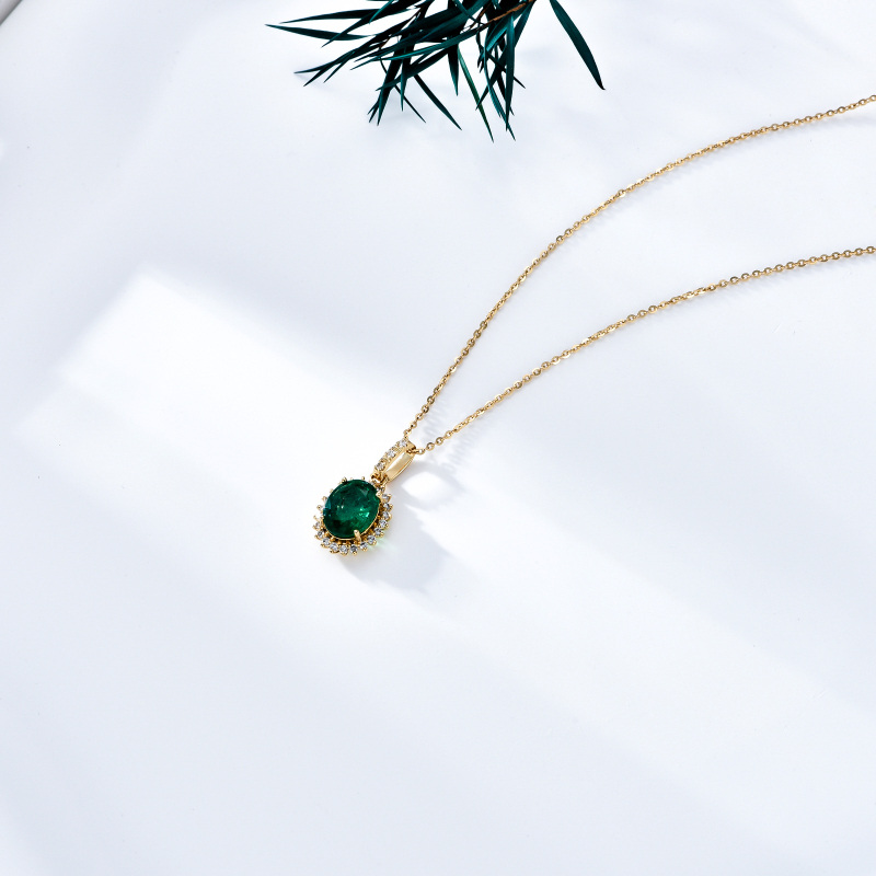 10K Gold Emerald Oval Shaped Pendant Necklace-5