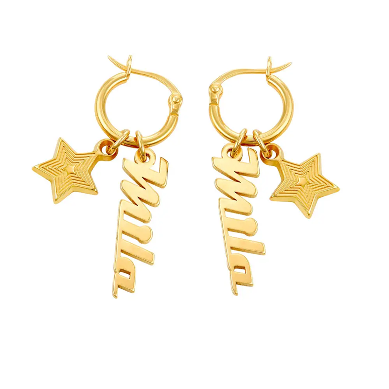 Pendientes colgantes con pentagrama y nombre personalizado en oro vermeil para mujer-1