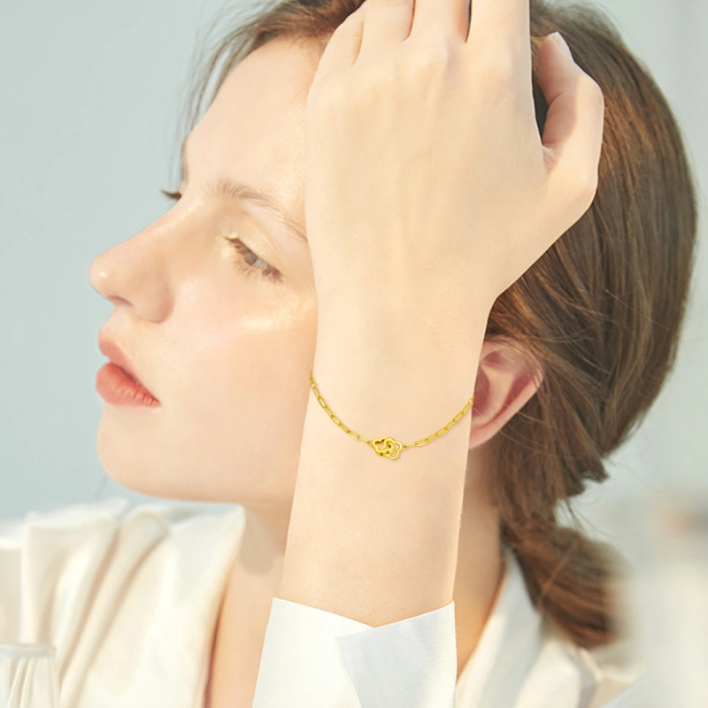 9K Gold Flowers & Paper Clip Charm Bracelet-2