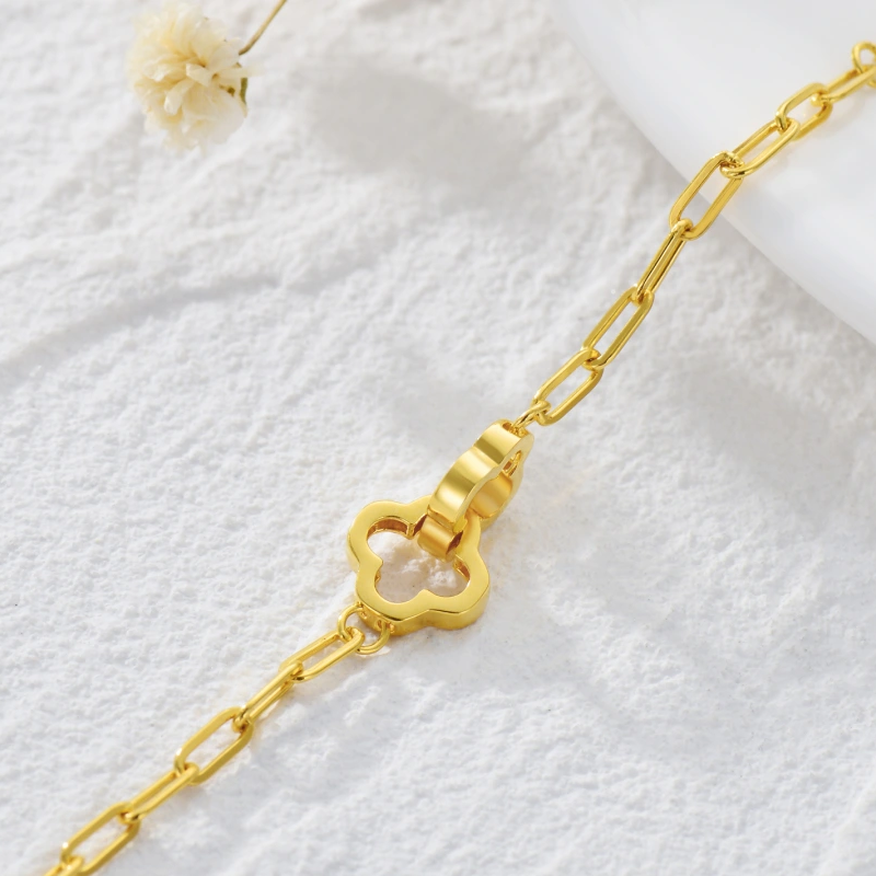 9K Gold Flowers & Paper Clip Charm Bracelet-4