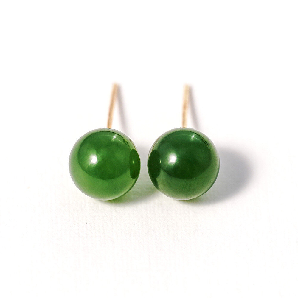 14K Gold Green Jade Bead Stud Earrings-1