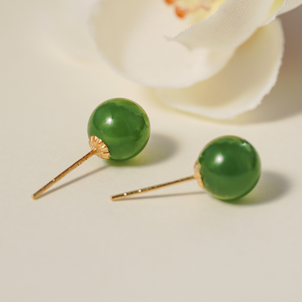 14K Gold Green Jade Bead Stud Earrings-2