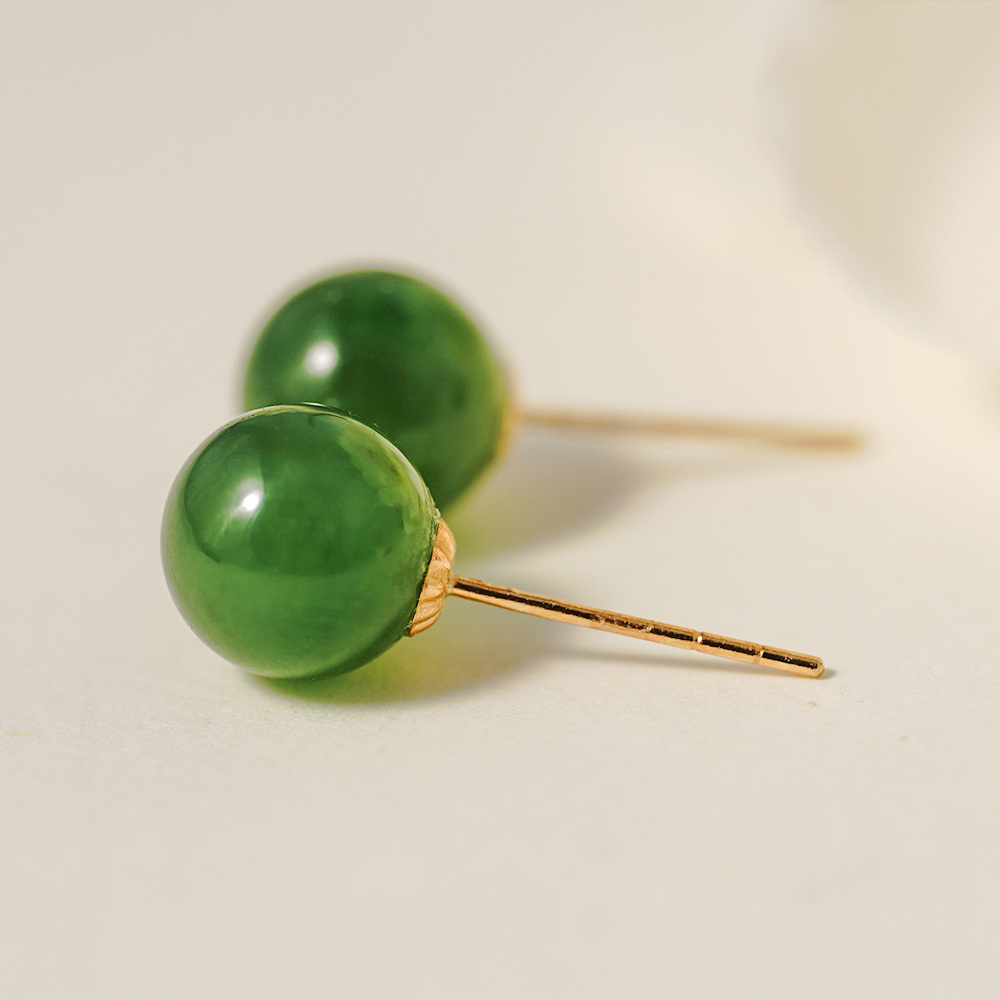 10K Gold Green Jade Bead Stud Earrings-3