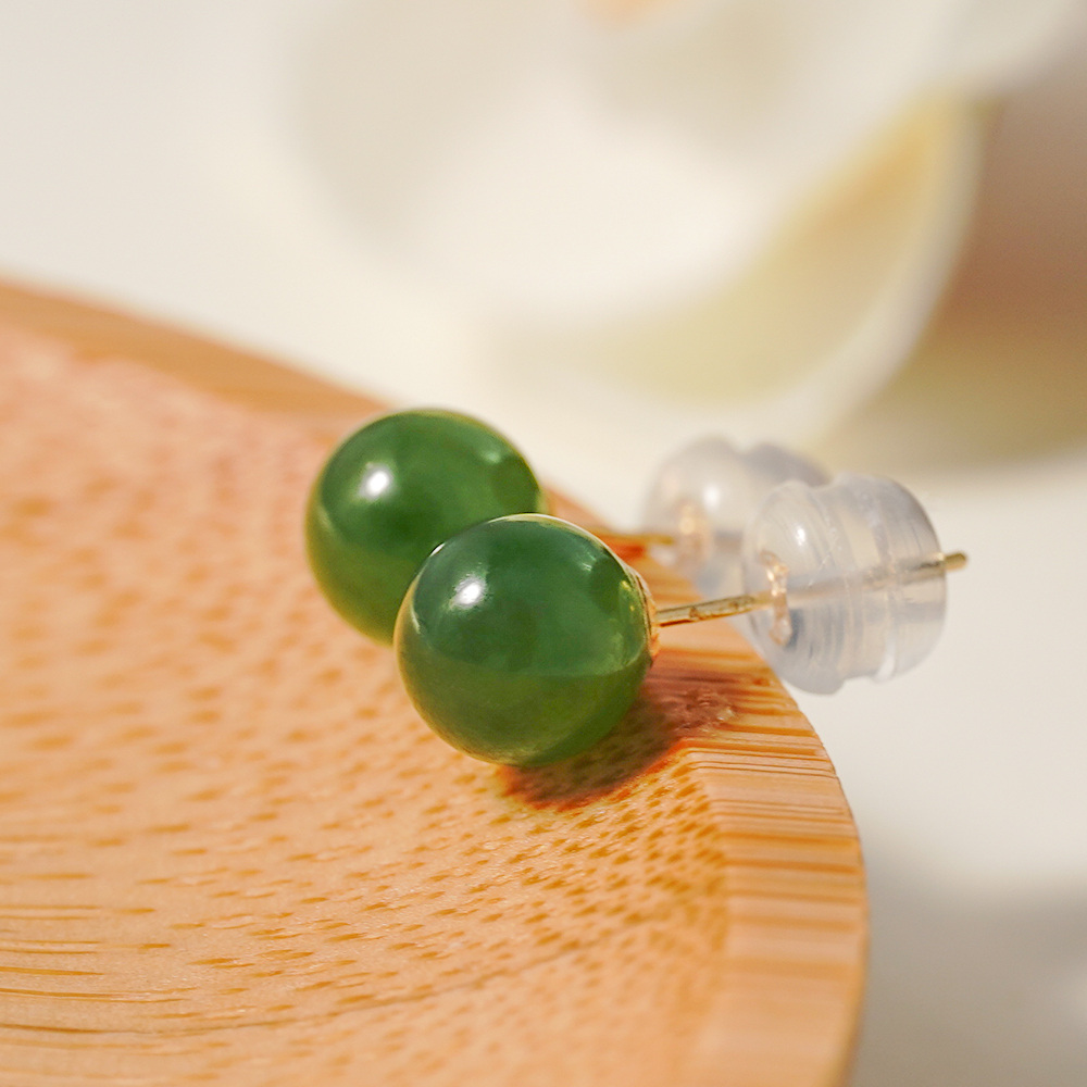 14K Gold Green Jade Bead Stud Earrings-4