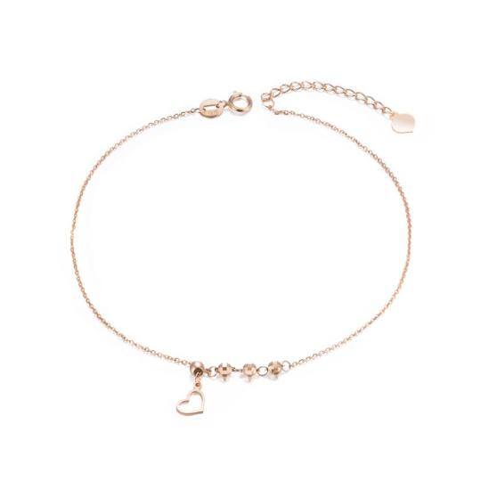 18K Rose Gold Bead & Heart Single Layer Charm Anklet