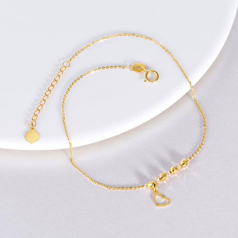 18K Gold Bead & Heart Single Layer Charm Anklet-3