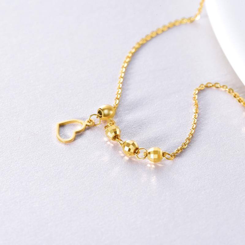 18K Gold Bead & Heart Single Layer Charm Anklet-4