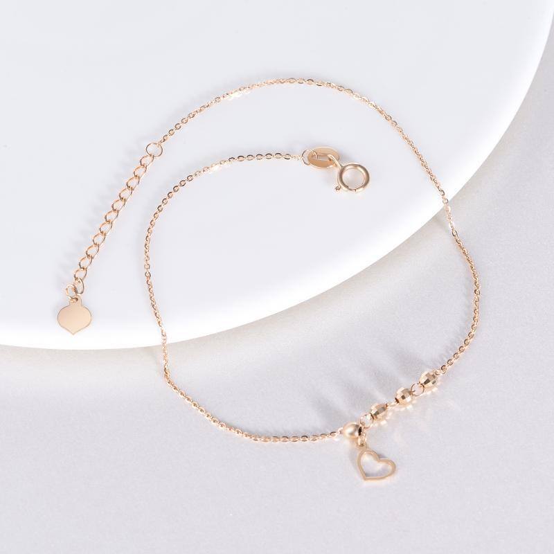 18K Rose Gold Bead & Heart Single Layer Charm Anklet-2