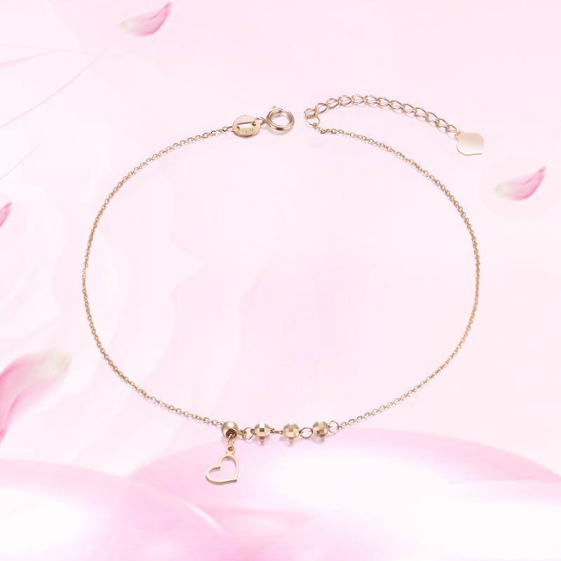 18K Rose Gold Bead & Heart Single Layer Charm Anklet-4