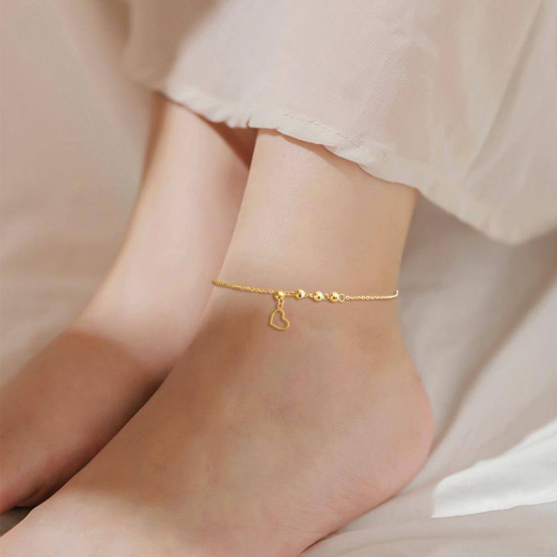 18K Gold Bead & Heart Single Layer Charm Anklet-2