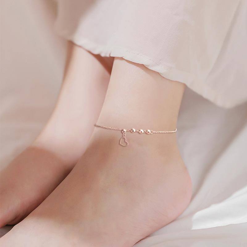 18K Rose Gold Bead & Heart Single Layer Charm Anklet-5