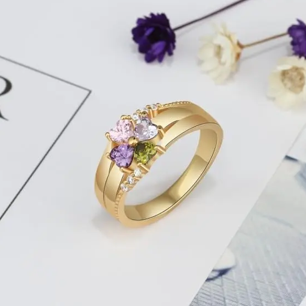 Anel em ouro 10K com zircónias cúbicas e trevo com nome personalizado e pedra de nascimento-2