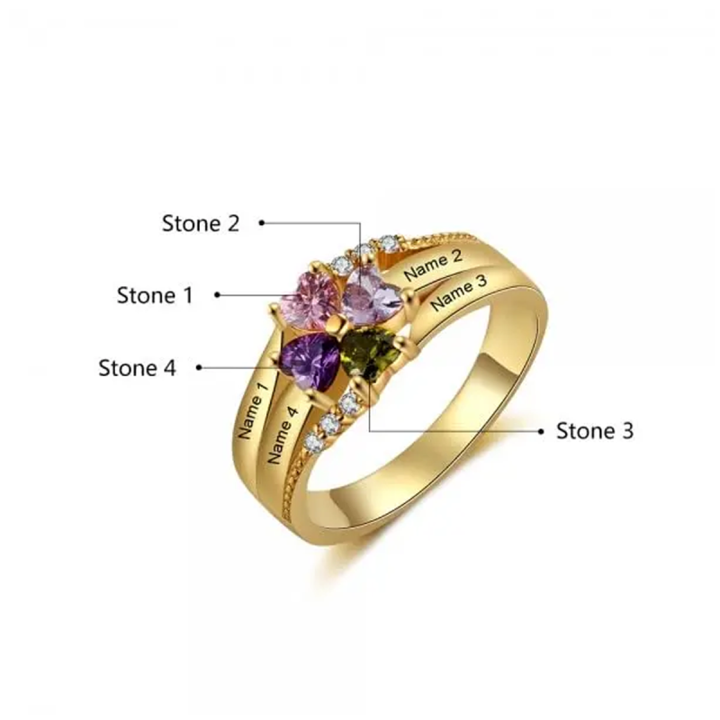 Anillo personalizado con nombre y piedra natal en forma de trébol con circonita cúbica en oro de 10 quilates-4