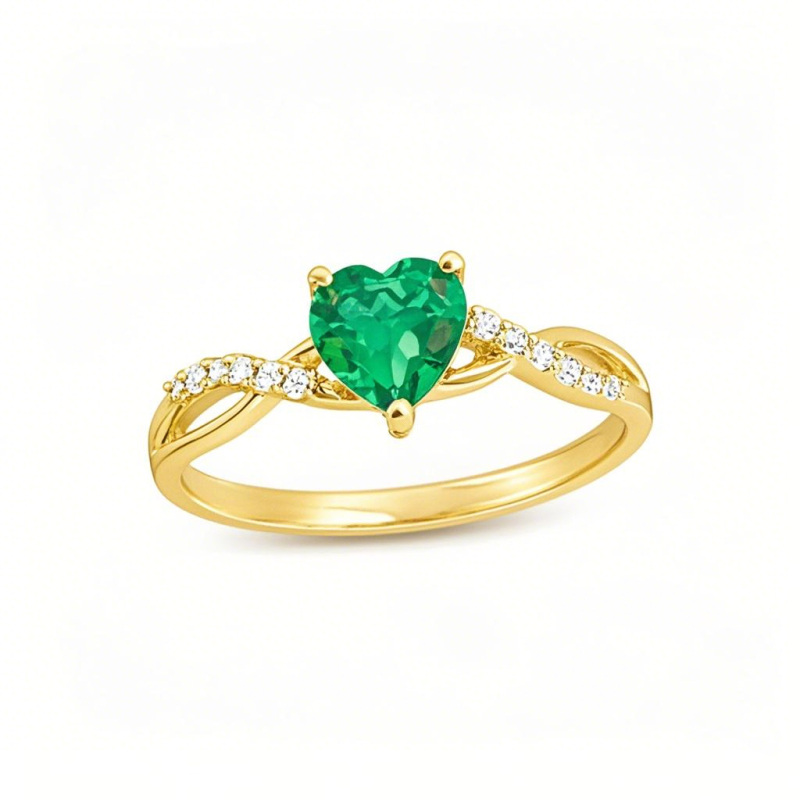 14K Gold Heart Cut Emerald & 0.05 CT.T.W. Round Diamond Twist Shank Engagement Band-1