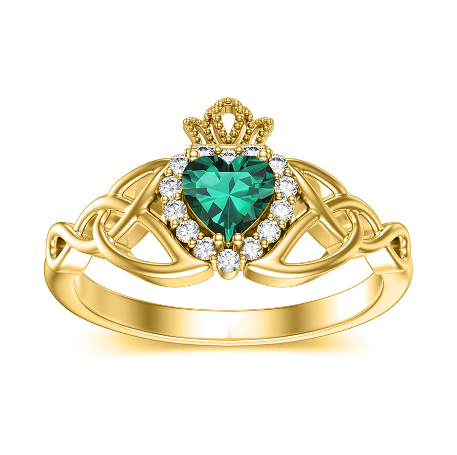 Anillo de compromiso Claddagh con nudo celta de diamantes y esmeralda de corte corazón en oro de 14 quilates con 0,1 quilates de peso total.-1