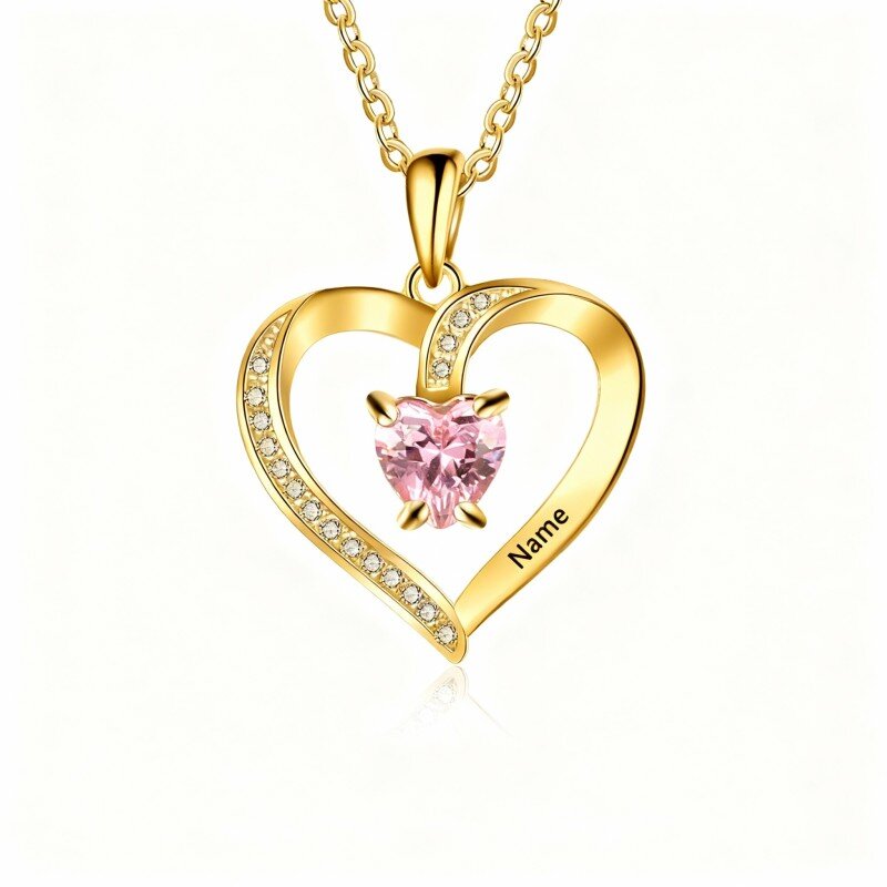 Colar com pendente personalizado em ouro 14K com zircónias cúbicas em forma de coração, pedra de nascimento e gravação personalizada para homenagear a sua mãe.-1