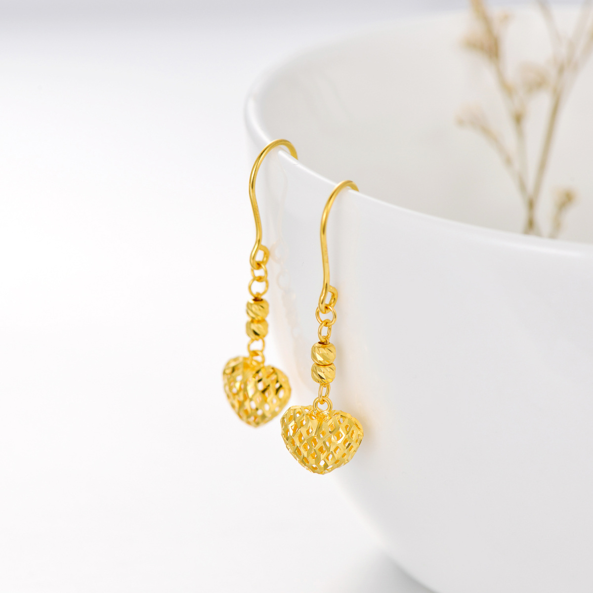 10K Gold Heart Drop Earrings-4