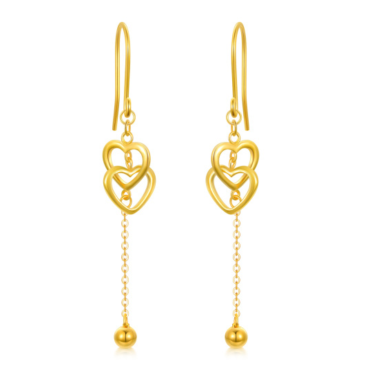 18K Gold Heart With Heart Drop Earrings