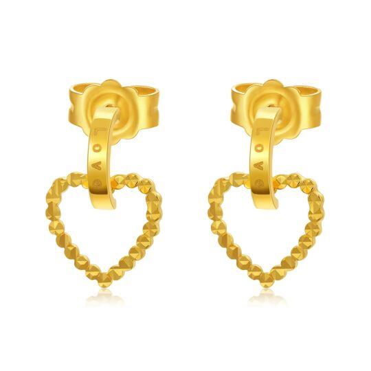 Boucles d'oreilles pendantes en forme de cœur en or 18 carats avec mot gravé