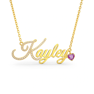 10K Gold Cubic Zirconia Personalized Birthstone & Classic Name & Heart Pendant Necklace-6