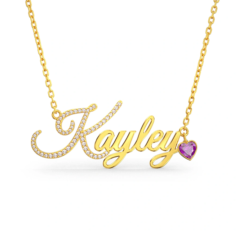 10K Gold Cubic Zirconia Personalized Birthstone & Classic Name & Heart Pendant Necklace-2