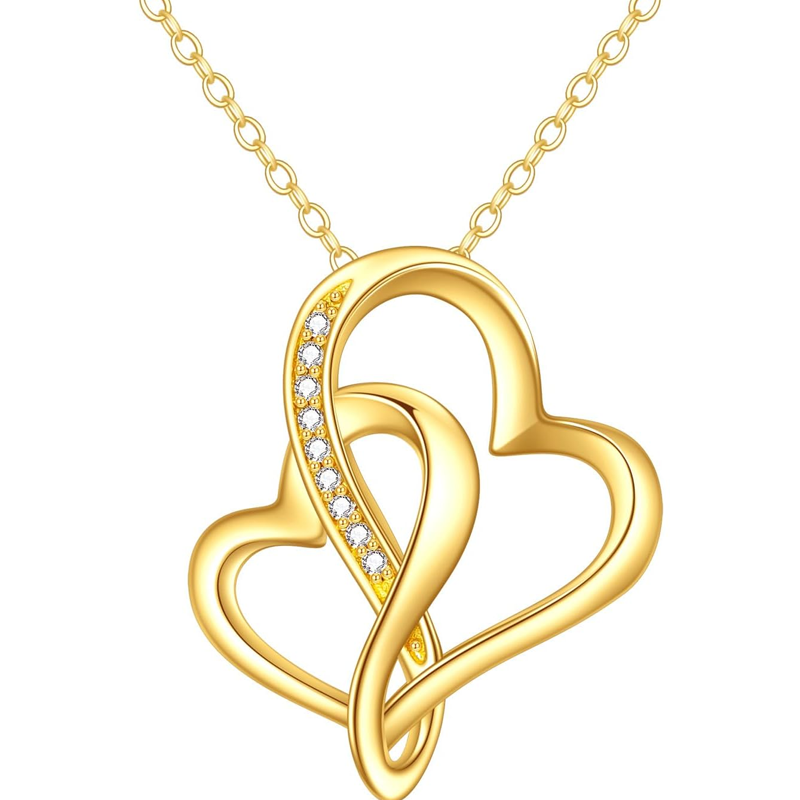 Gold Vermeil Cubic Zirconia Heart With Heart Necklace for Women-1