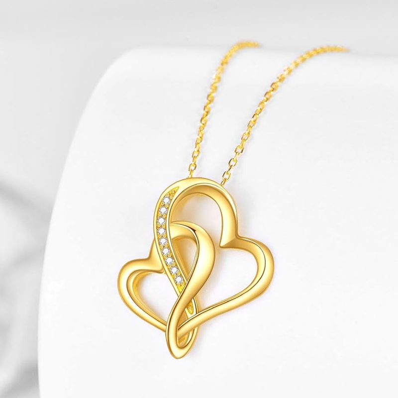 Gold Vermeil Cubic Zirconia Heart With Heart Necklace for Women-3