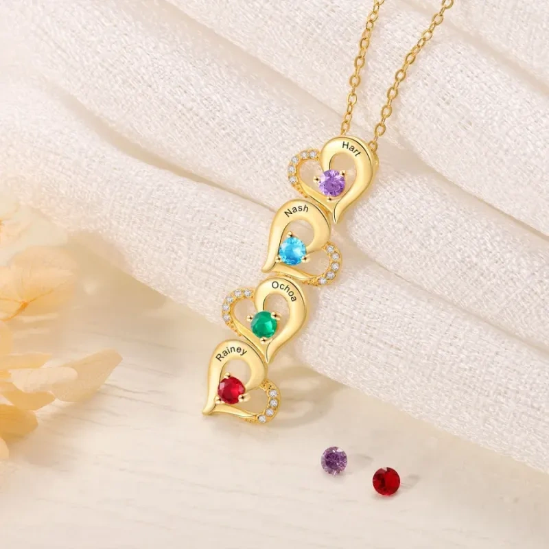 Gold Vermeil Personalized Birthstone Name Heart With Heart Necklace for Women-2