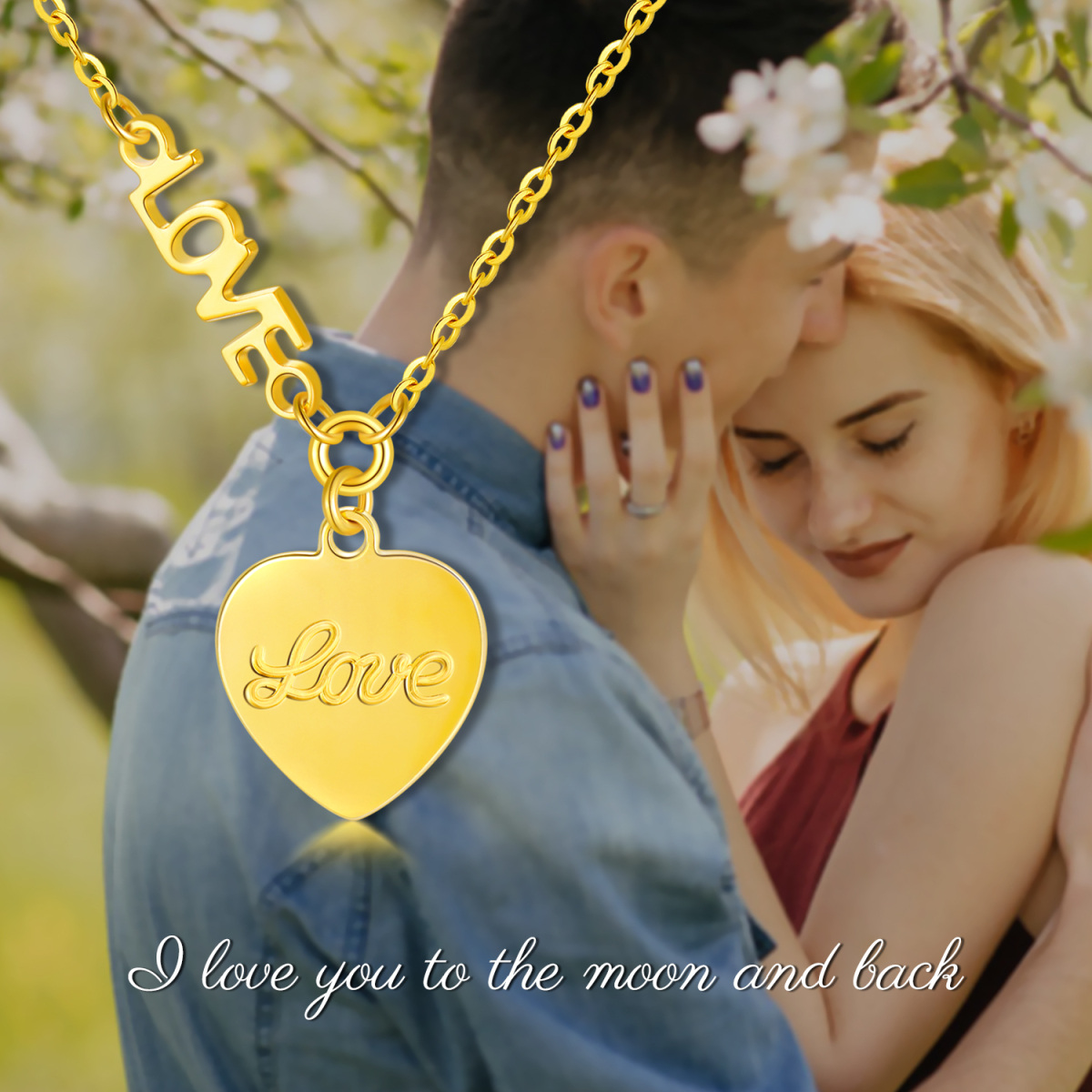 18K Gold Heart Pendant Necklace with Engraved Word-3