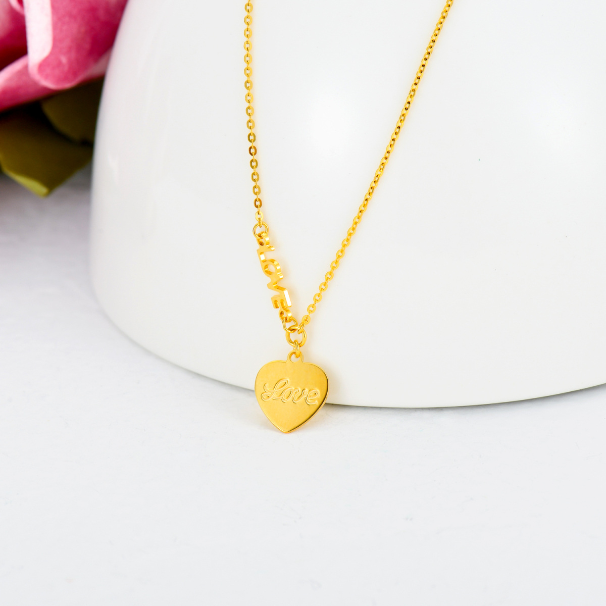 18K Gold Heart Pendant Necklace with Engraved Word-4